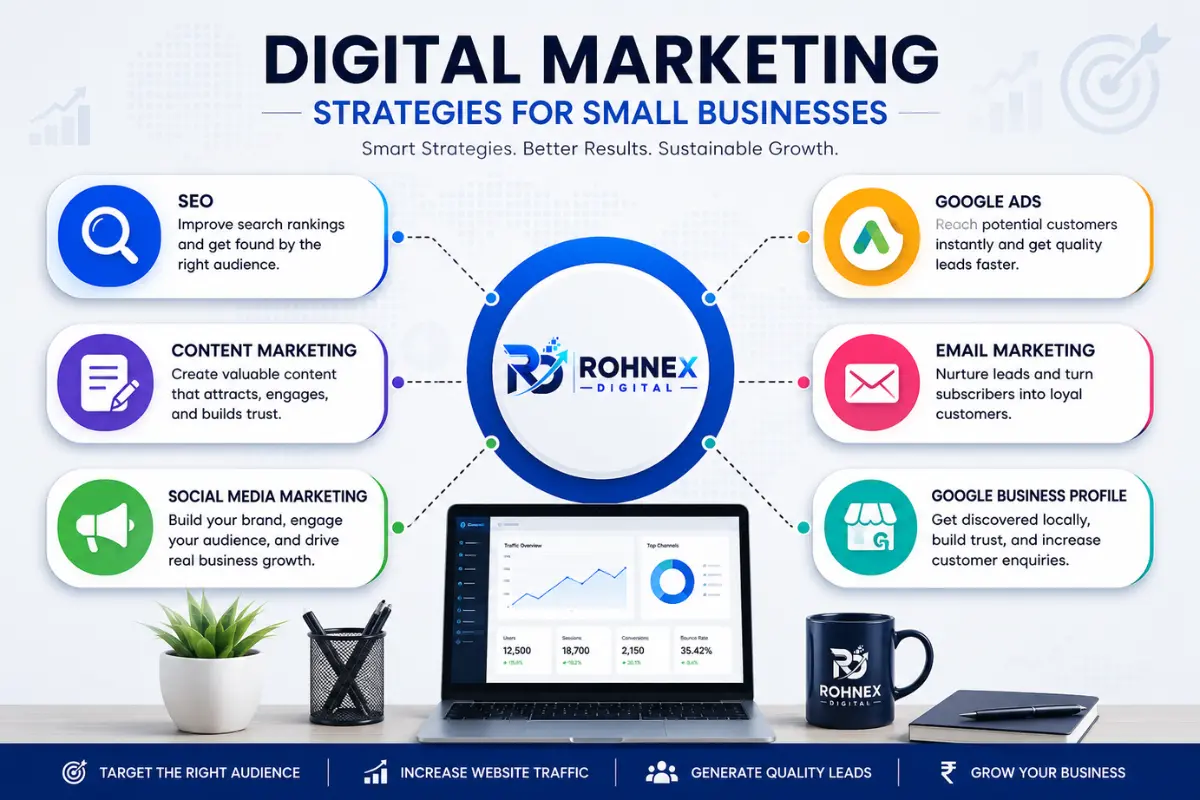 Digital Marketing Services for Small Businesses by Rohnex Digital including SEO, Google Ads, Social Media Marketing, Content Marketing, Email Marketing and Google Business Profile.