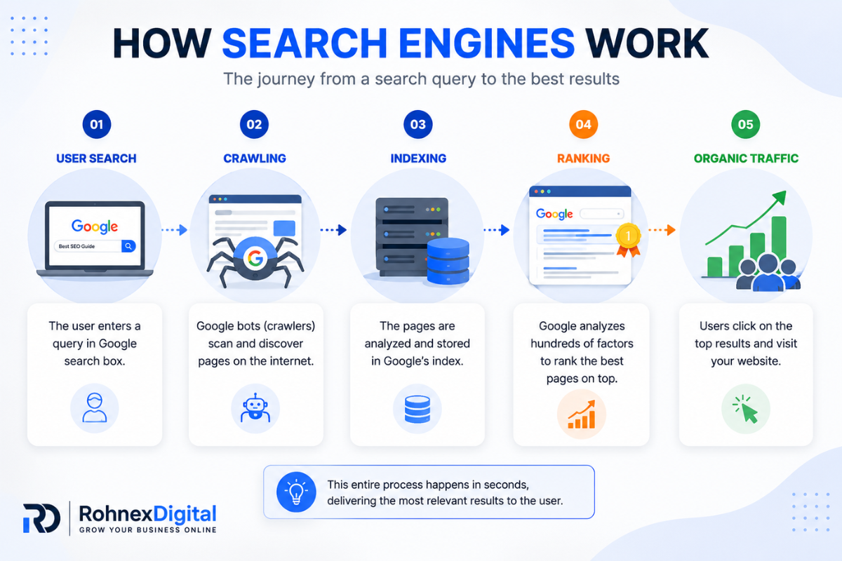 How Search Engines Work showing the SEO process from User Search to Crawling, Indexing, Ranking, and Organic Traffic